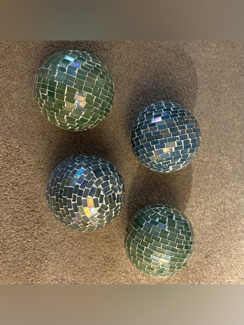 Set of 4 Mosaic Glass Decorative Spheres in Green and Blue